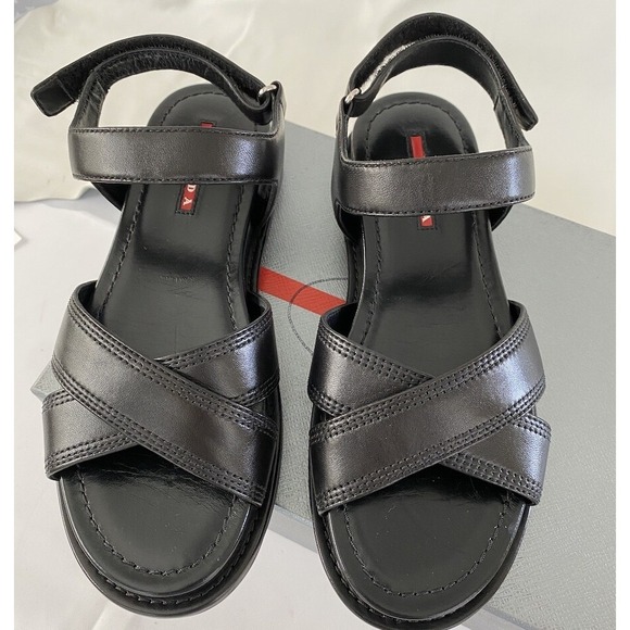 Prada Shoes - Prada 3X6289‎ Women's BLACK LEATHER STITCHED OPEN TOE FLATS SANDALS, 36.5